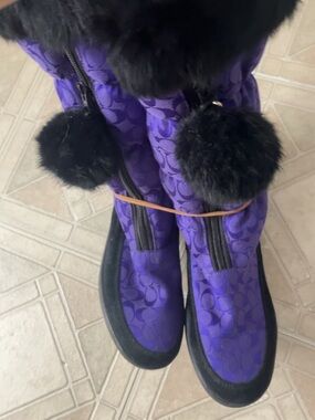 Coach Purple Monogram Over-the-Knee Boots with Black Fur Pom Poms